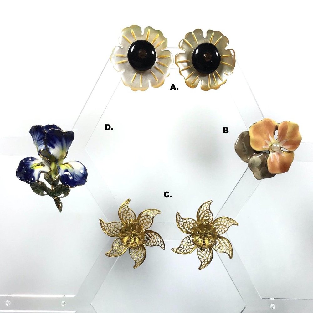 Vintage Flower Floral Jewelry Lot Yosca Pin Filigree Earrings Porcelain Iris